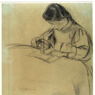 Girl writing at a table (recto), Sketch of a donkey (verso) 